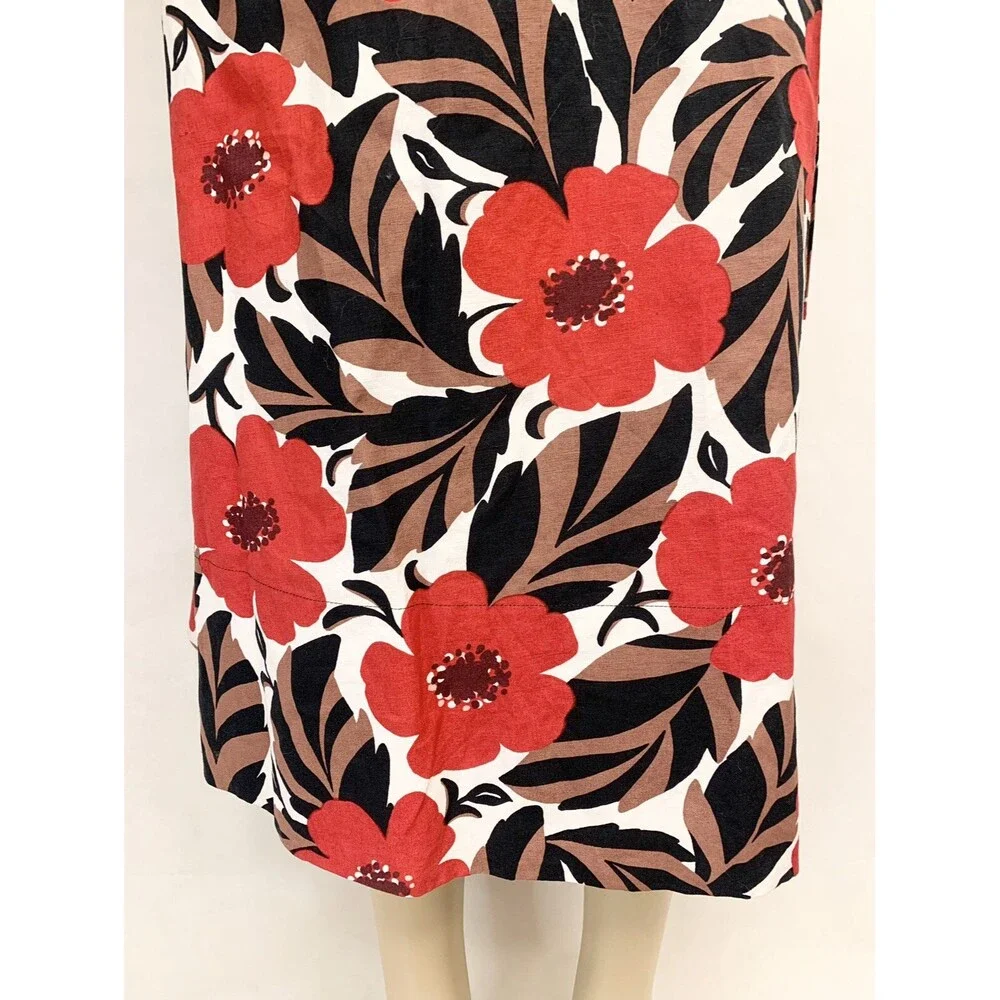 Kate Spade A Line Wrap Skirt Size 6 30” Red Brown Black Floral Linen Cotton